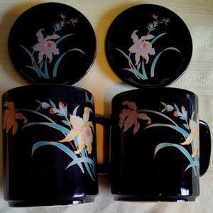 Black Glass Coffee Cup Mug Floral Design With Glass Matching Lids set of 2